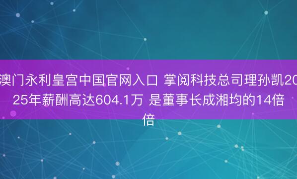 澳门永利皇宫中国官网入口 掌阅科技总司理孙凯2025年薪酬高达604.1万 是董事长成湘均的14倍